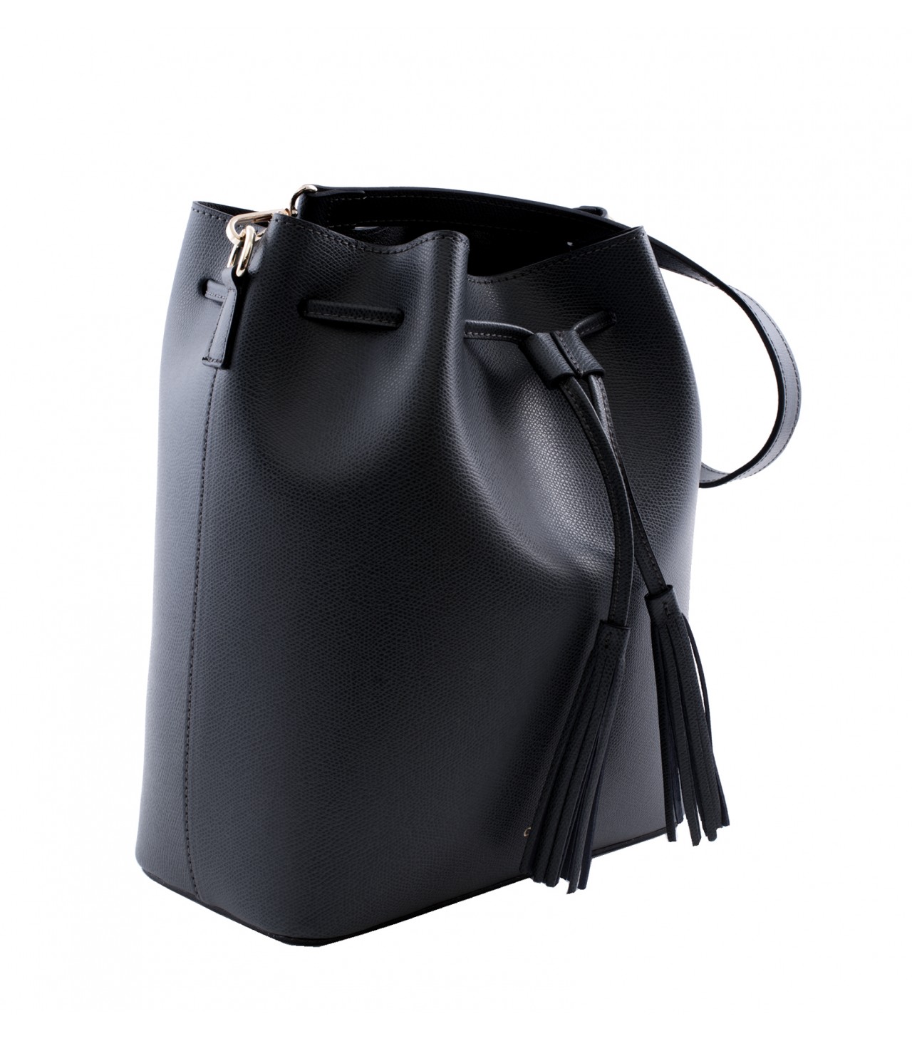black leather bucket handbag