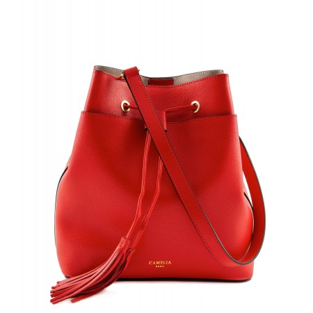 red leather bucket bag